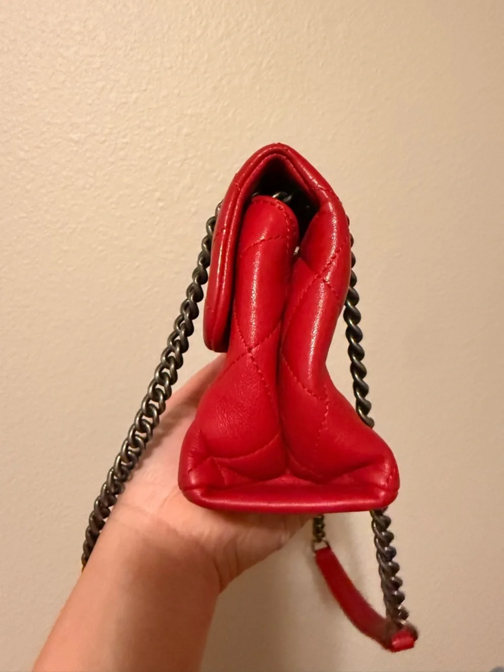 CHANEL CC MINI Lambskin Quilted Red Leather Shoulder Bag with Gunmetal Chain